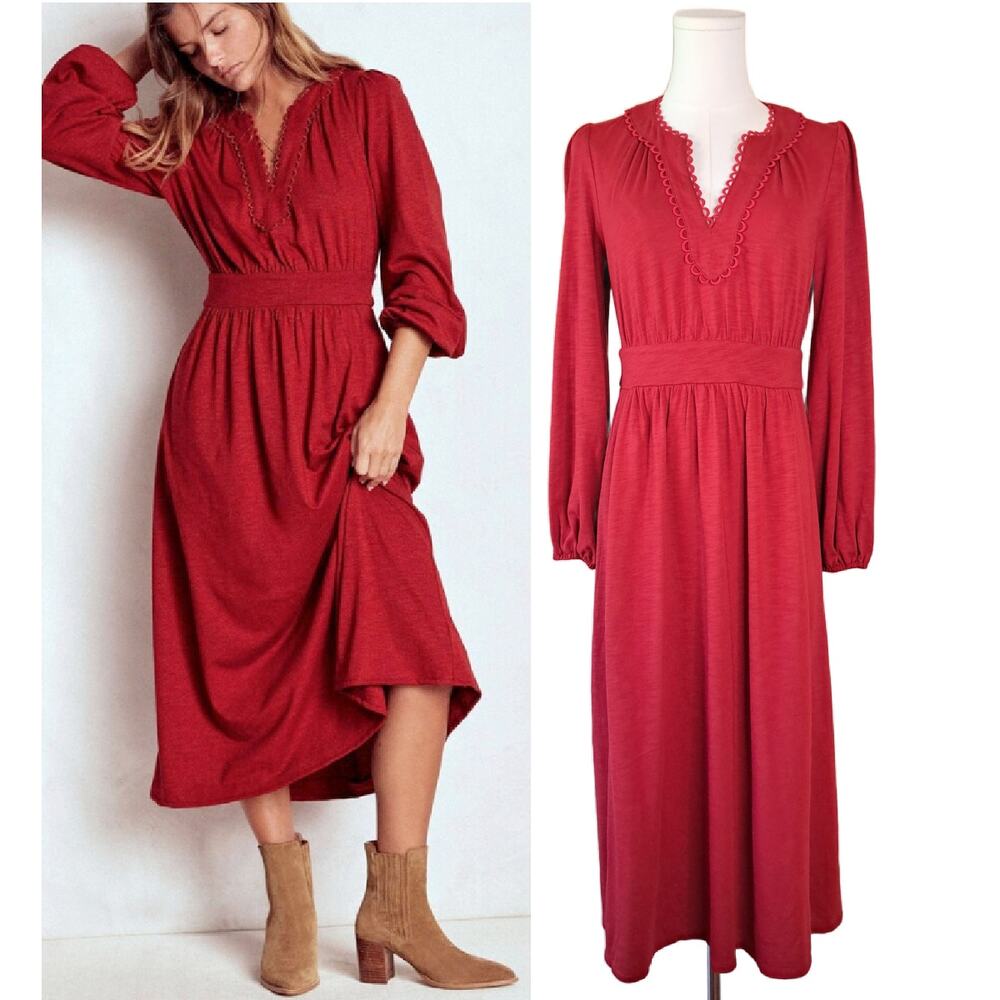 BODEN Maddie Red Picot Trim Midi Dress Size 4 Petite Long Sleeve Holiday Prep